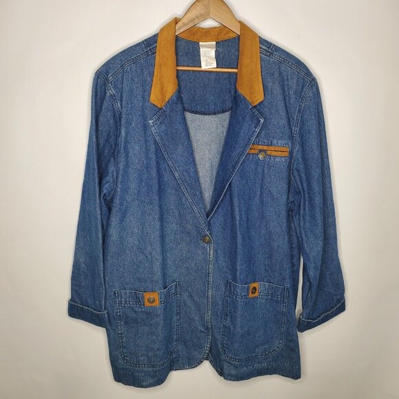 Jantzen Womens Vintage Blue Denim Barn Jacket Blazer Size XL Suede Trim 3 Pocket - Picture 1 of 10